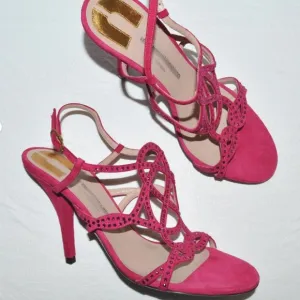 EMANUEL UNGARO Sz 7.5 38.5  DESIGNER PINK SUEDE LEATHER RHINESTONE SANDALS HEELS