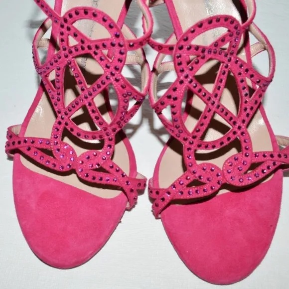 EMANUEL UNGARO Sz 7.5 38.5  DESIGNER PINK SUEDE LEATHER RHINESTONE SANDALS HEELS
