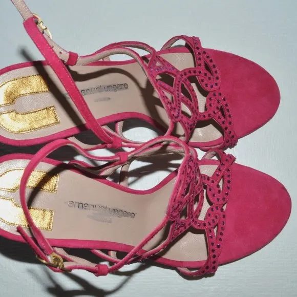 EMANUEL UNGARO Sz 7.5 38.5  DESIGNER PINK SUEDE LEATHER RHINESTONE SANDALS HEELS