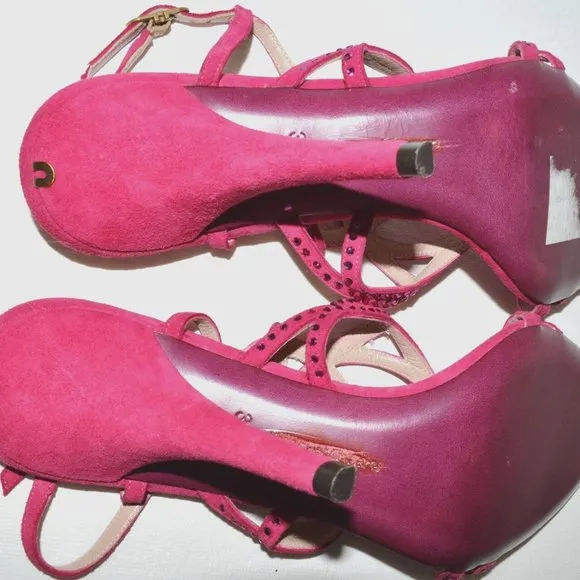 EMANUEL UNGARO Sz 7.5 38.5  DESIGNER PINK SUEDE LEATHER RHINESTONE SANDALS HEELS