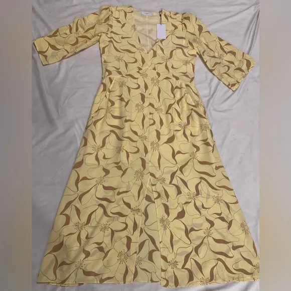 Equipment Femme Julianne 100% Silk Midi Dress Pale Yellow Brown Size small NWT