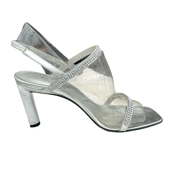 ESCADA Rhinestone Metallic Silver Leather Strappy Slingback Sandals Women’s