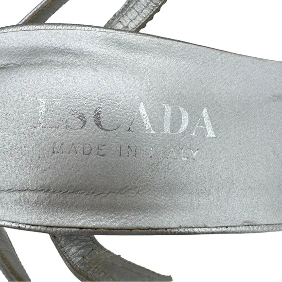 ESCADA Rhinestone Metallic Silver Leather Strappy Slingback Sandals Women’s