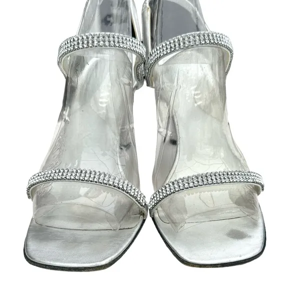 ESCADA Rhinestone Metallic Silver Leather Strappy Slingback Sandals Women’s