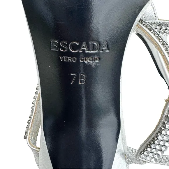 ESCADA Rhinestone Metallic Silver Leather Strappy Slingback Sandals Women’s