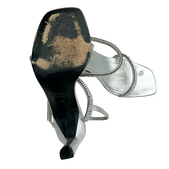 ESCADA Rhinestone Metallic Silver Leather Strappy Slingback Sandals Women’s