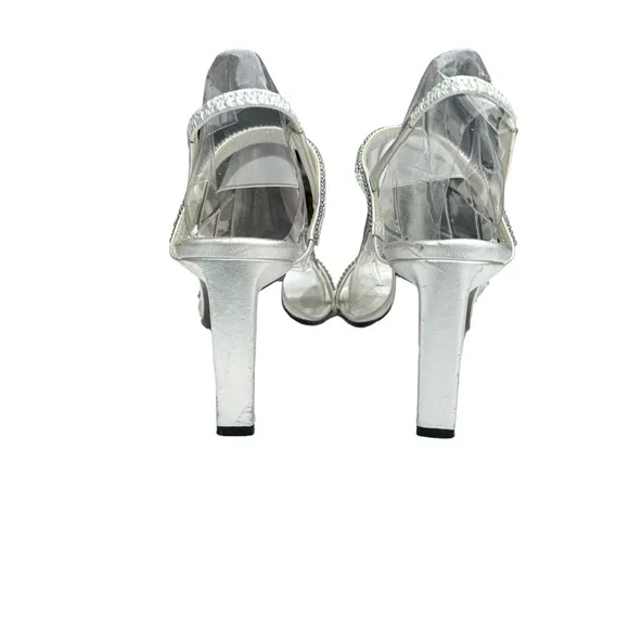 ESCADA Rhinestone Metallic Silver Leather Strappy Slingback Sandals Women’s