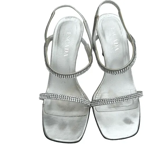 ESCADA Rhinestone Metallic Silver Leather Strappy Slingback Sandals Women’s