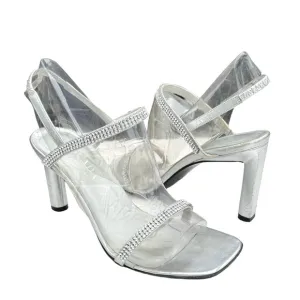 ESCADA Rhinestone Metallic Silver Leather Strappy Slingback Sandals Women’s