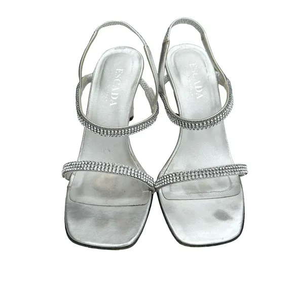 ESCADA Rhinestone Metallic Silver Leather Strappy Slingback Sandals Women’s