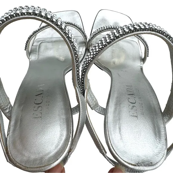 ESCADA Rhinestone Metallic Silver Leather Strappy Slingback Sandals Women’s