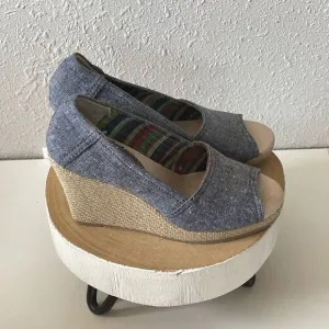 EUC Report Womens Denim Open Toed Wedge Sandals Size 5