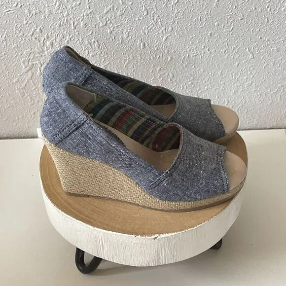 EUC Report Womens Denim Open Toed Wedge Sandals Size 5