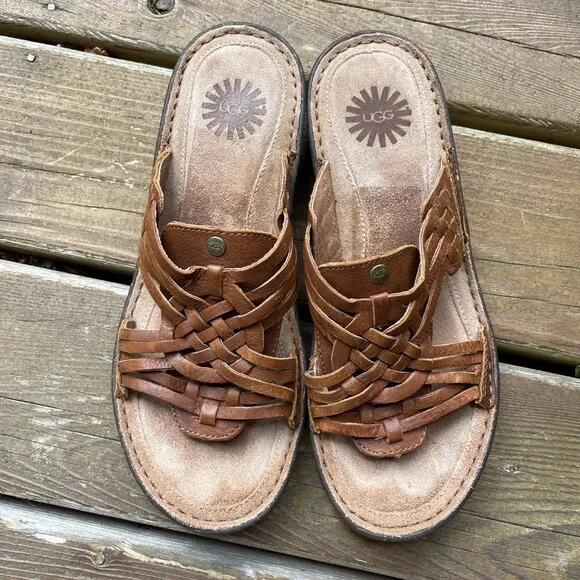 EUC UGG Keala Brown Woven Leather Huarache Slip On Sandals in Women's 9/EU 40