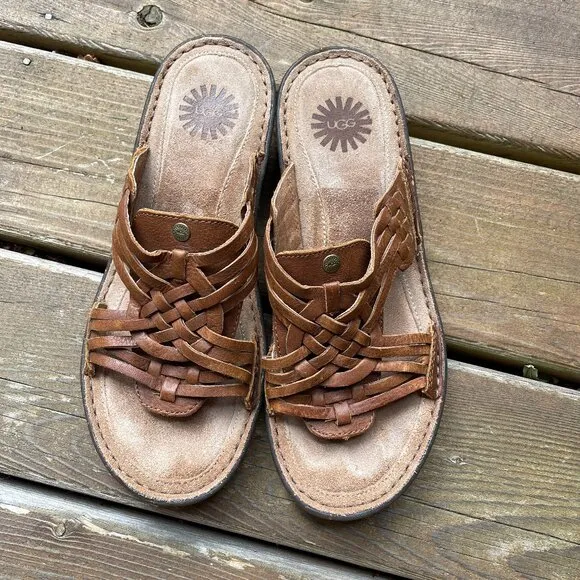 EUC UGG Keala Brown Woven Leather Huarache Slip On Sandals in Women's 9/EU 40