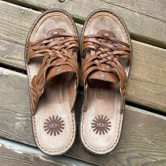 EUC UGG Keala Brown Woven Leather Huarache Slip On Sandals in Women's 9/EU 40