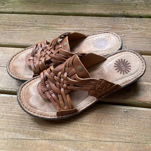 EUC UGG Keala Brown Woven Leather Huarache Slip On Sandals in Women's 9/EU 40