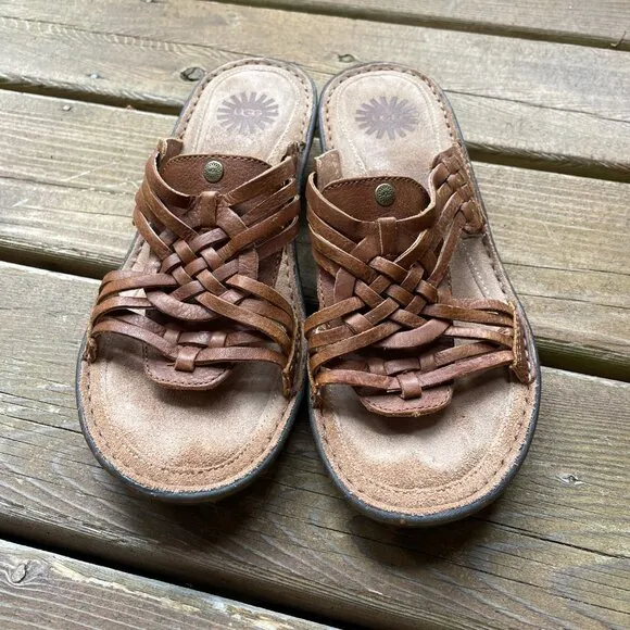 EUC UGG Keala Brown Woven Leather Huarache Slip On Sandals in Women's 9/EU 40