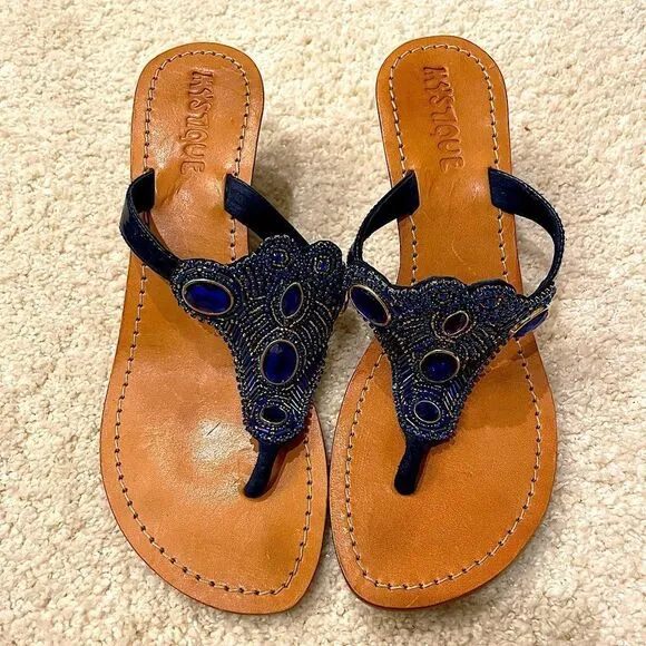 EUC Mystique Wedge Sandals Sz. 8 Blue Beaded Rhinestones