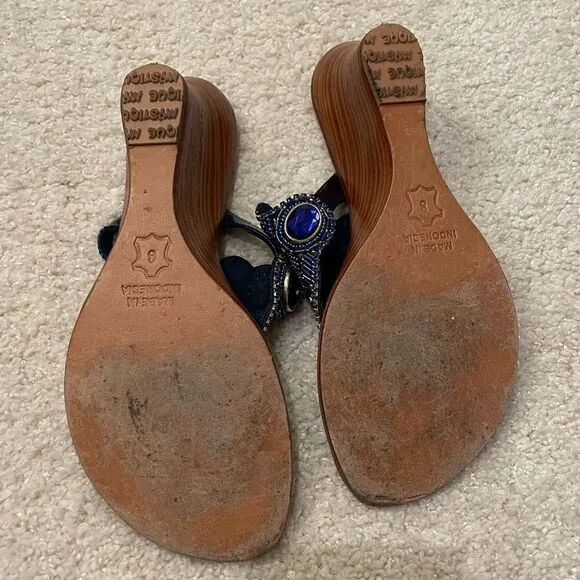 EUC Mystique Wedge Sandals Sz. 8 Blue Beaded Rhinestones