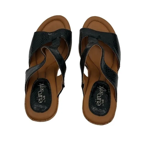 Euro Soft By Sofft Black Patent Farrah Cork Wedge Sandals Size 6 Women’s