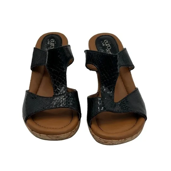 Euro Soft By Sofft Black Patent Farrah Cork Wedge Sandals Size 6 Women’s