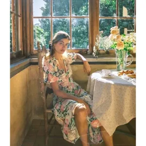 Faithfull the Brand Marie Louise Midi Dress XL Vennisa Floral Yellow