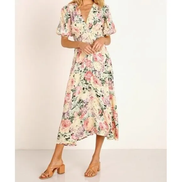 Faithfull the Brand Marie Louise Midi Dress XL Vennisa Floral Yellow