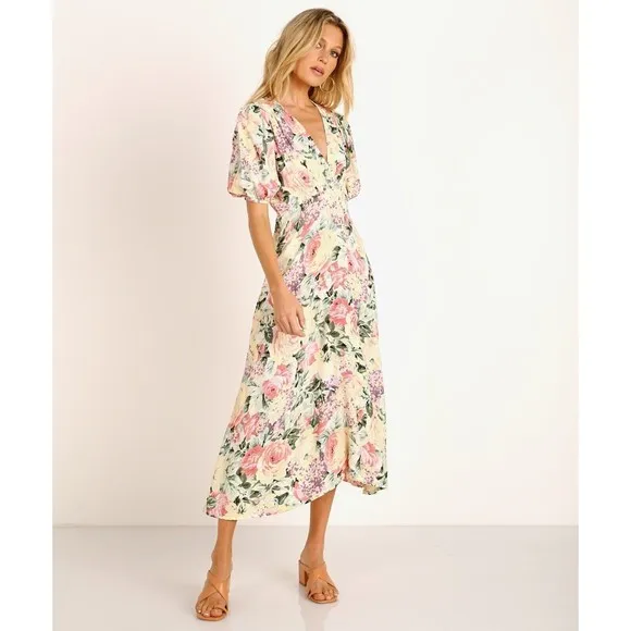Faithfull the Brand Marie Louise Midi Dress XL Vennisa Floral Yellow