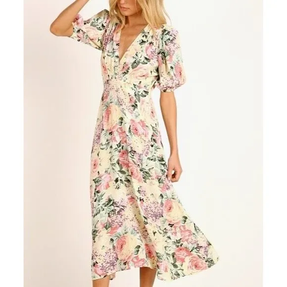 Faithfull the Brand Marie Louise Midi Dress XL Vennisa Floral Yellow