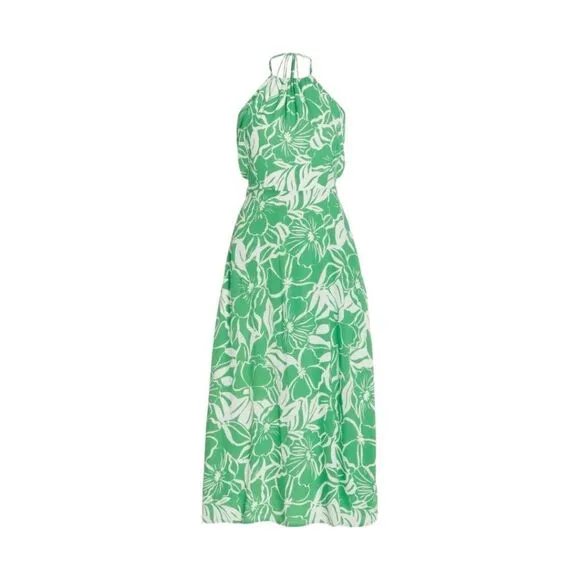 Faithfull The Brand Midi Halter Dress Summer  Tropical Lined Crepe Tie Back Sz 6