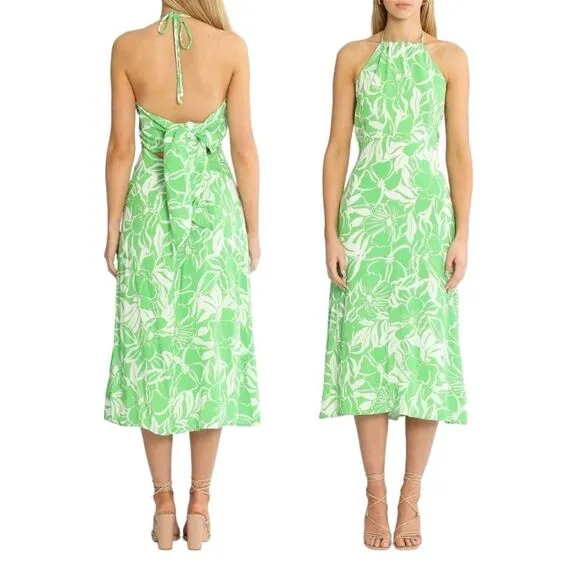 Faithfull The Brand Midi Halter Dress Summer  Tropical Lined Crepe Tie Back Sz 6