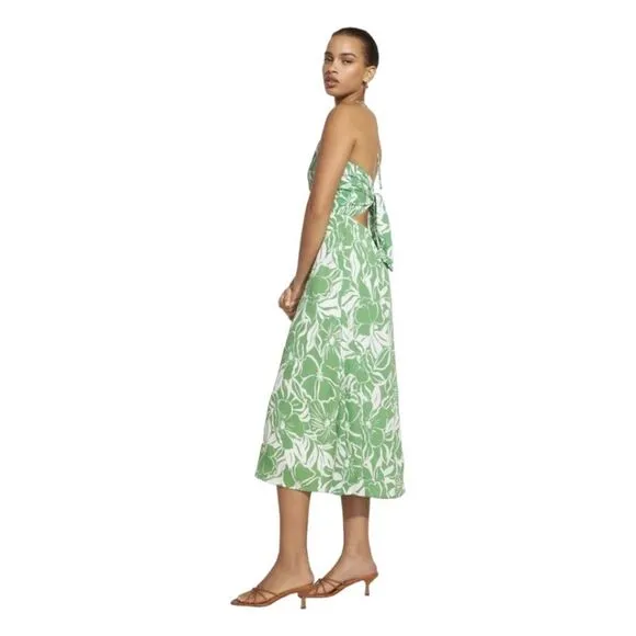 Faithfull The Brand Midi Halter Dress Summer  Tropical Lined Crepe Tie Back Sz 6