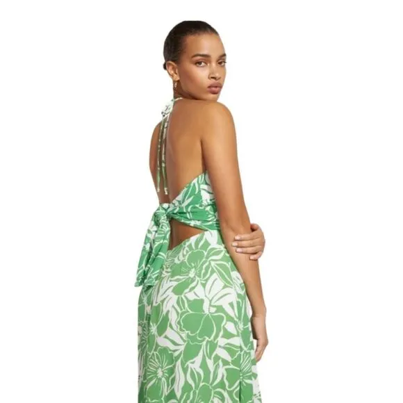 Faithfull The Brand Midi Halter Dress Summer  Tropical Lined Crepe Tie Back Sz 6