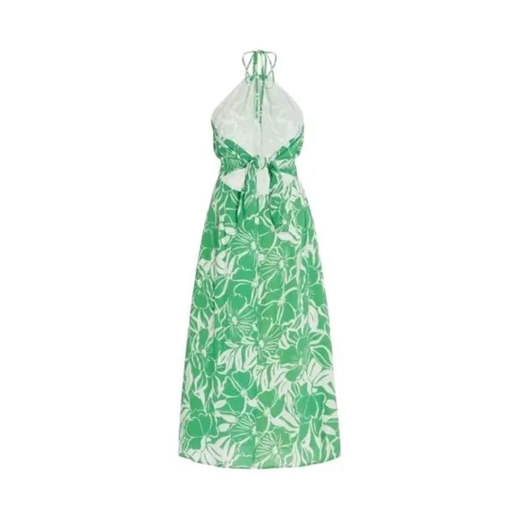 Faithfull The Brand Midi Halter Dress Summer  Tropical Lined Crepe Tie Back Sz 6