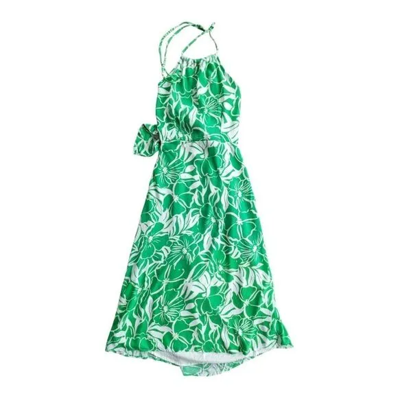 Faithfull The Brand Midi Halter Dress Summer  Tropical Lined Crepe Tie Back Sz 6