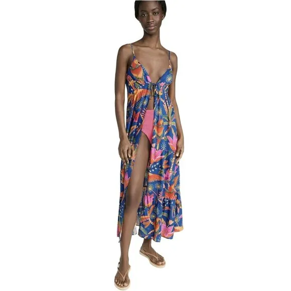 Farm Rio $185 Macaw Cover up Tie Front Midi Dress NWT Sz Small