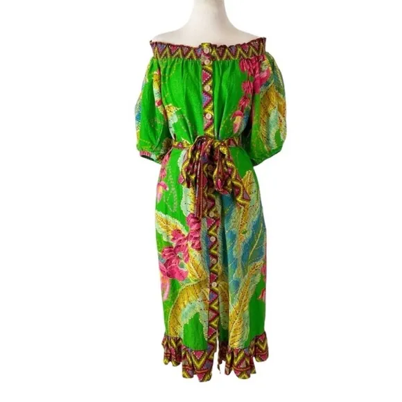 FARM Rio Banana Leaves Off Shoulder Midi Dress Large NWT!