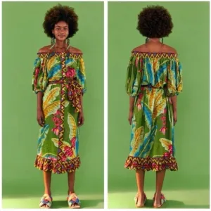 FARM Rio Banana Leaves Off Shoulder Midi Dress Large NWT!