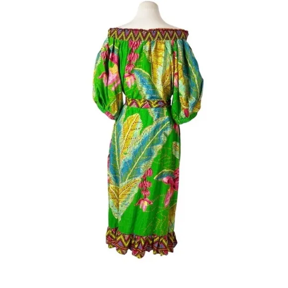 FARM Rio Banana Leaves Off Shoulder Midi Dress Large NWT!