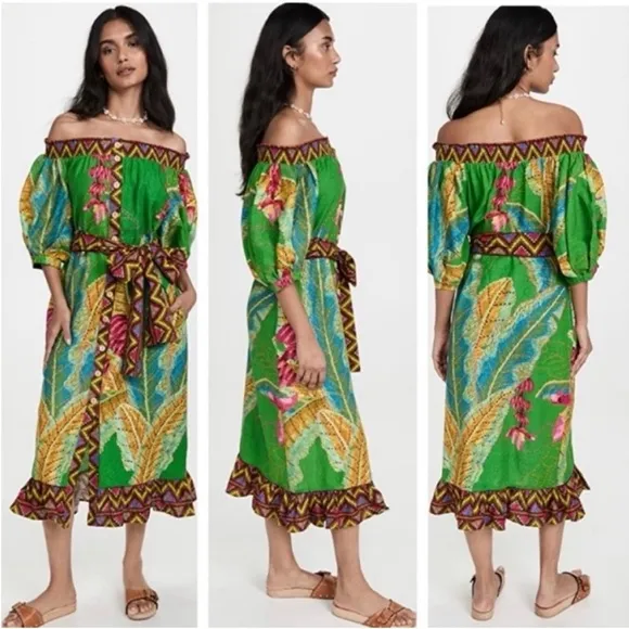 FARM Rio Banana Leaves Off Shoulder Midi Dress Large NWT!