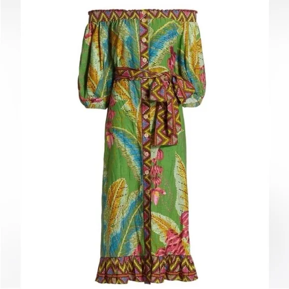 FARM Rio Banana Leaves Off Shoulder Midi Dress Large NWT!