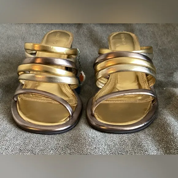 FARM Rio Block Heel Slide Sandal Gold/Silver/Pewter size US 8 EU 39 NWT