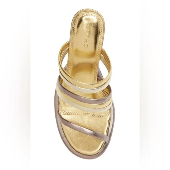 FARM Rio Block Heel Slide Sandal Gold/Silver/Pewter size US 8 EU 39 NWT