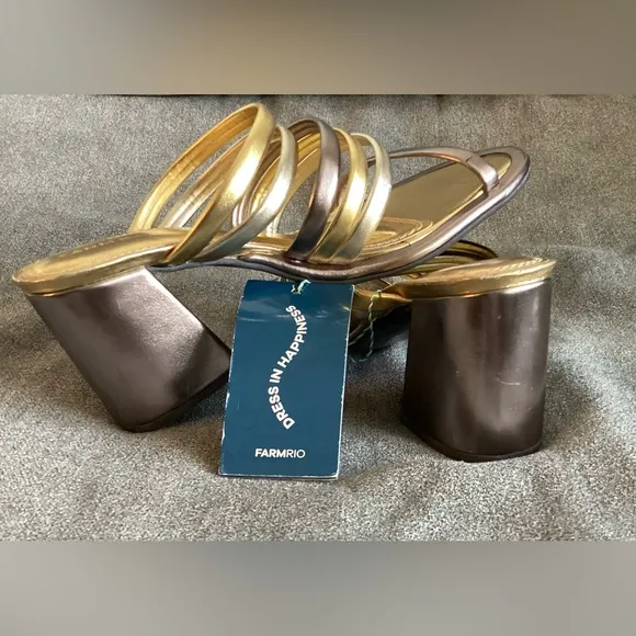 FARM Rio Block Heel Slide Sandal Gold/Silver/Pewter size US 8 EU 39 NWT