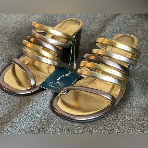 FARM Rio Block Heel Slide Sandal Gold/Silver/Pewter size US 8 EU 39 NWT