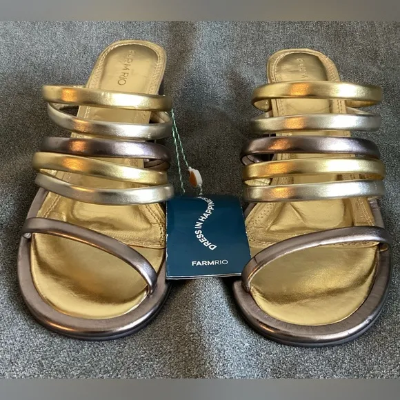 FARM Rio Block Heel Slide Sandal Gold/Silver/Pewter size US 8 EU 39 NWT