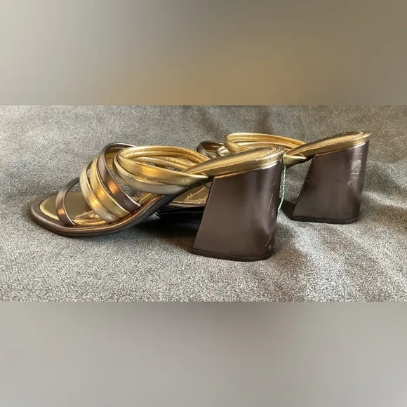 FARM Rio Block Heel Slide Sandal Gold/Silver/Pewter size US 8 EU 39 NWT