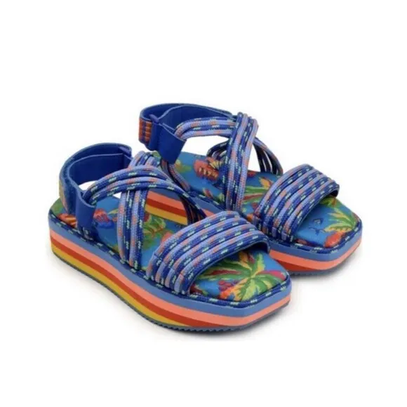 Farm Rio Blue Macaw Platform Sandals Womens Sz 7 Blue Open Toe Strappy NEW