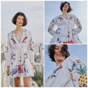 Farm Rio - Macaw Cross Stitch Embroidered Mini Dress-Off White Size S